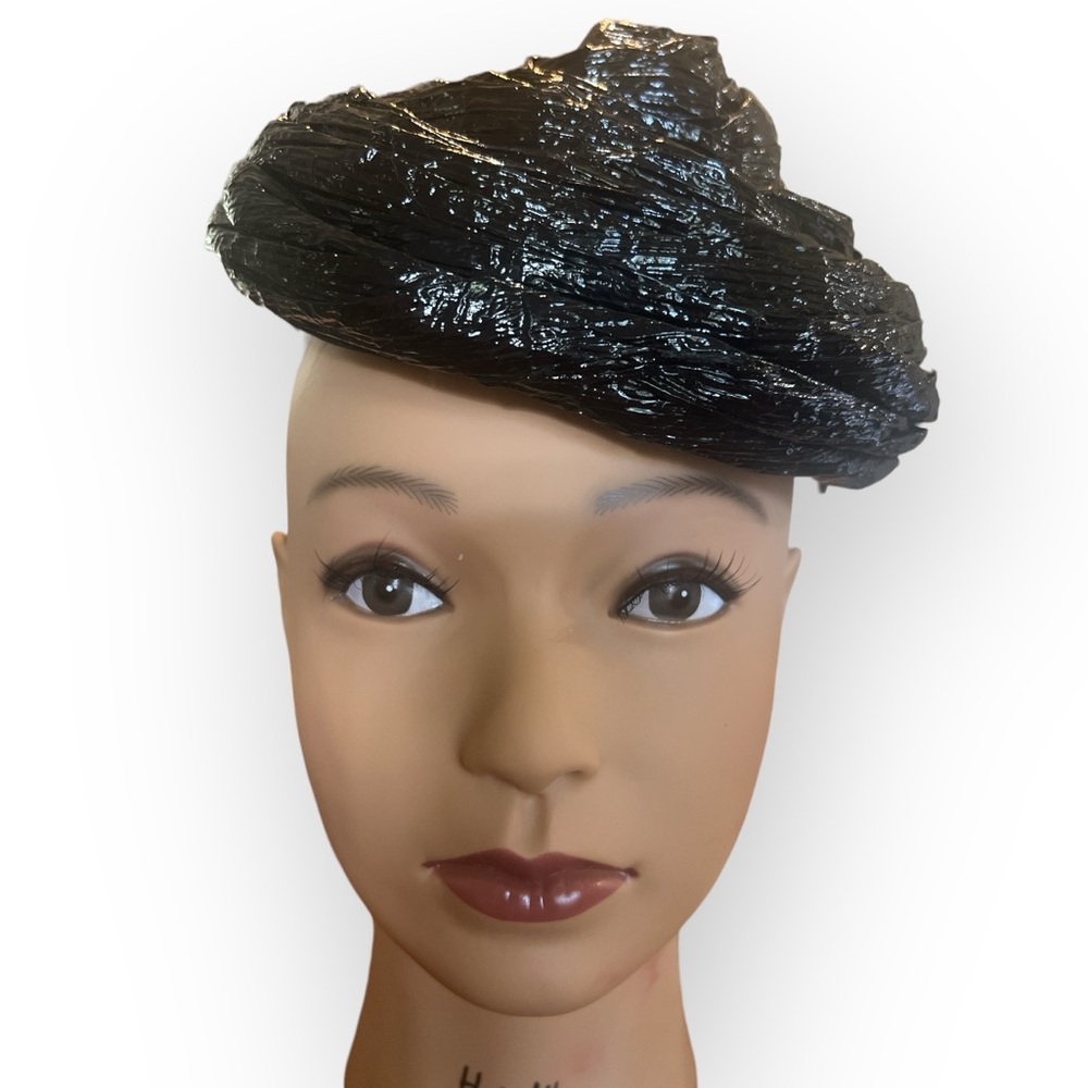 Artsy 1960’s Black Straw Hat, Black Cocktail Party Hat, Pillbox Hat - Picture 2 of 8